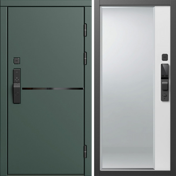 Входная дверь Termo-Door Смарт Тренд Грин - Зеркало Фацет Белый софт