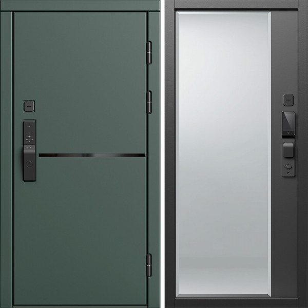 Входная дверь Termo-Door Смарт Тренд Грин - Зеркало Фацет Черный кварц+тонировка серая