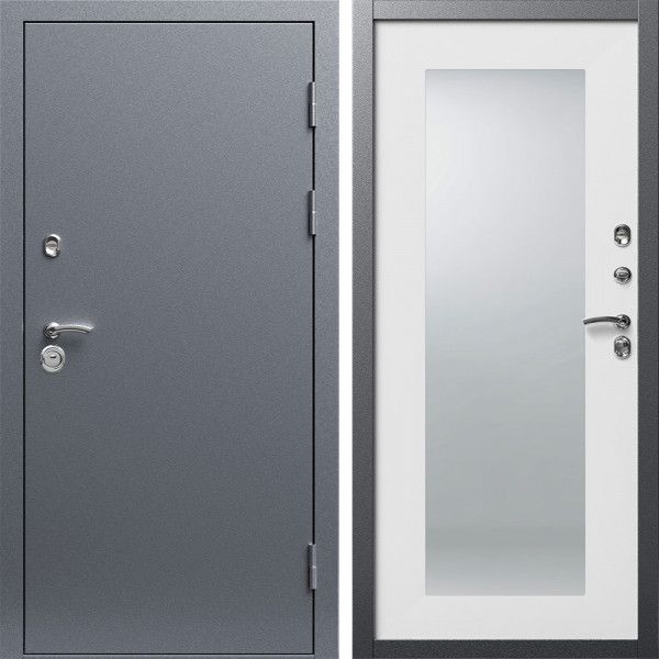 Входная дверь Termo-Door Техно Серебро Антик - Зеркало Триумф Белый софт