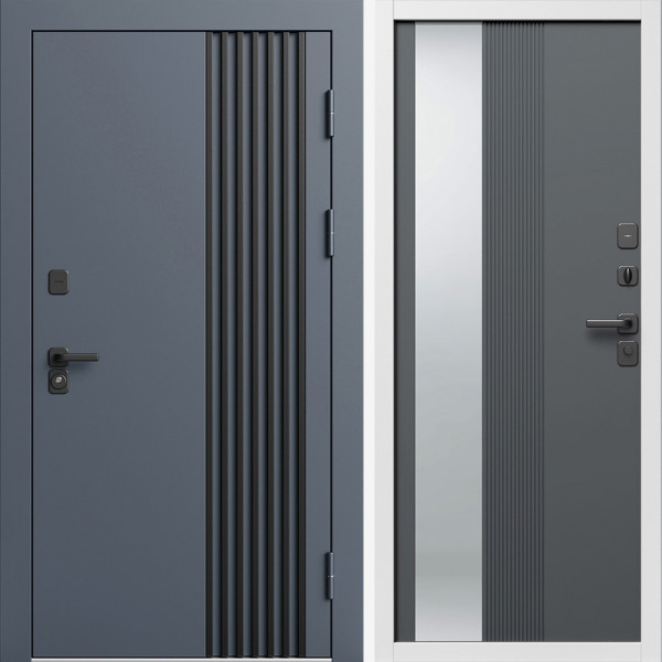 Входная дверь Termo-Door Фортис Ral 7024 - Белый Короб Изнутри Зеркало Люмис Грей Софт