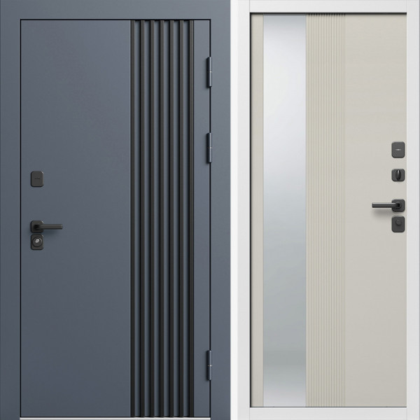 Входная дверь Termo-Door Фортис Ral 7024 - Белый Короб Изнутри Зеркало Люмис Соновая Кость