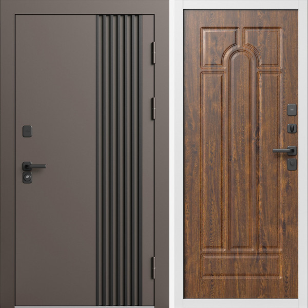 Входная дверь Termo-Door Фортис Ral 8019 - Белый Короб Изнутри Арка дуб