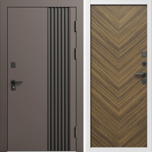 Входная дверь Termo-Door Фортис Ral 8019 - Белый Короб Изнутри Плаза Елочка Орех