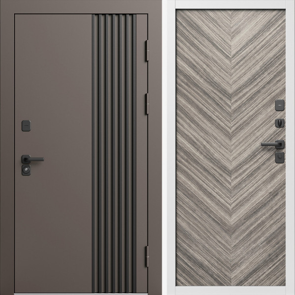 Входная дверь Termo-Door Фортис Ral 8019 - Белый Короб Изнутри Плаза Елочка Серая