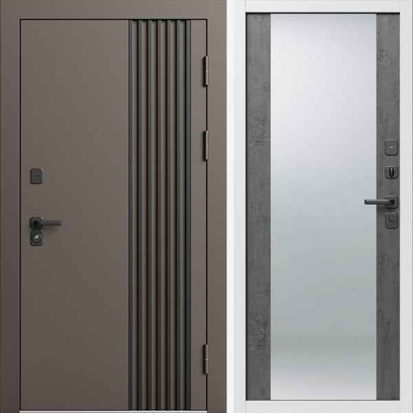 Входная дверь Termo-Door Фортис Ral 8019 - Белый Короб Изнутри Зеркало бетон темный