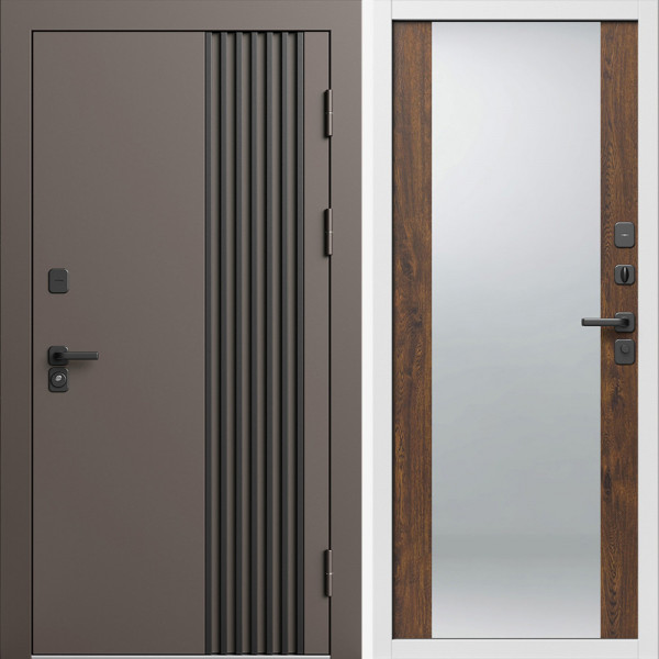 Входная дверь Termo-Door Фортис Ral 8019 - Белый Короб Изнутри Зеркало дуб