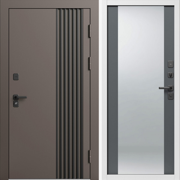 Входная дверь Termo-Door Фортис Ral 8019 - Белый Короб Изнутри Зеркало Grey Софт