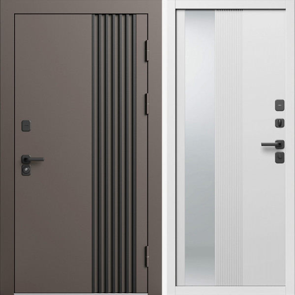 Входная дверь Termo-Door Фортис Ral 8019 - Белый Короб Изнутри Зеркало Люмис Белый Софт