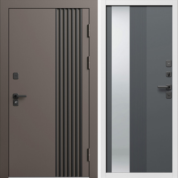 Входная дверь Termo-Door Фортис Ral 8019 - Белый Короб Изнутри Зеркало Люмис Грей Софт
