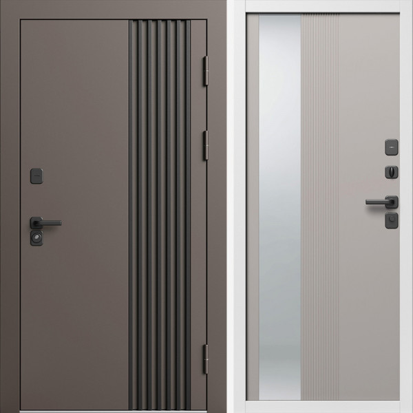 Входная дверь Termo-Door Фортис Ral 8019 - Белый Короб Изнутри Зеркало Люмис Капучино