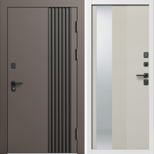 Входная дверь Termo-Door Фортис Ral 8019 - Белый Короб Изнутри Зеркало Люмис Соновая Кость