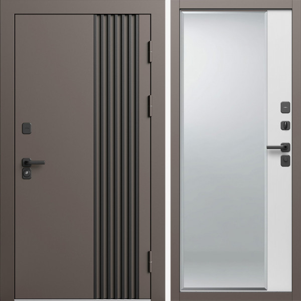 Входная дверь Termo-Door Фортис Ral 8019 - Зеркало Фацет Белый софт
