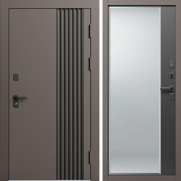 Входная дверь Termo-Door Фортис Ral 8019 - Зеркало Фацет Черный кварц+тонировка серая