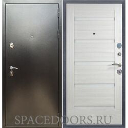 Входная дверь REX 5 (антик серебро) сб-14 лиственница беж. белое стекло