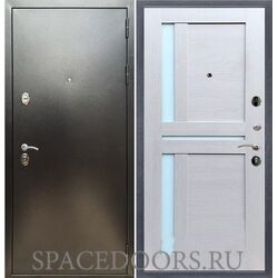 Входная дверь REX 5 (антик серебро) сб-18 лиственница бежевая белое стекло