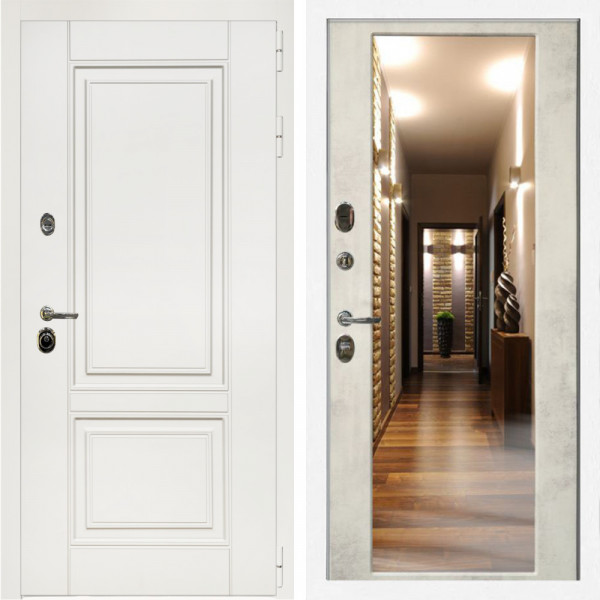 Входная дверь Афина Белый Мат + Зеркало бетон светлый