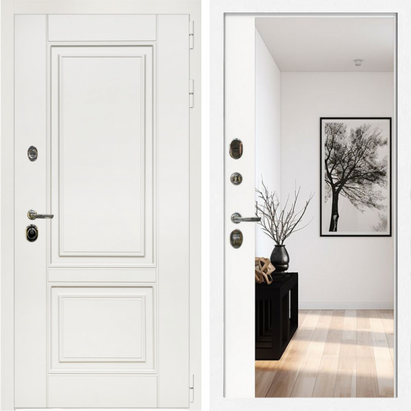 Входная дверь Афина Белый Мат + Зеркало панорама Белый софт