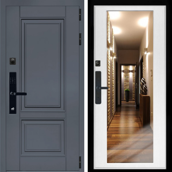Входная дверь Афина Графит SMART + Зеркало беленый дуб