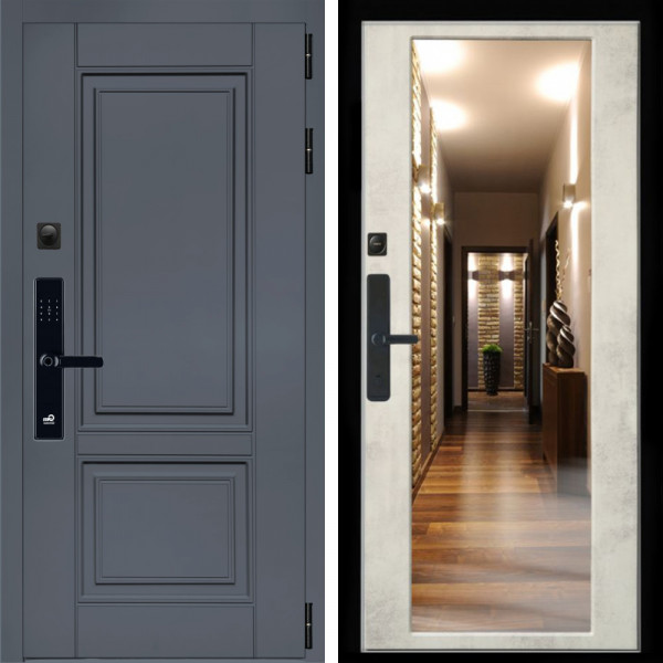 Входная дверь Афина Графит SMART + Зеркало бетон светлый