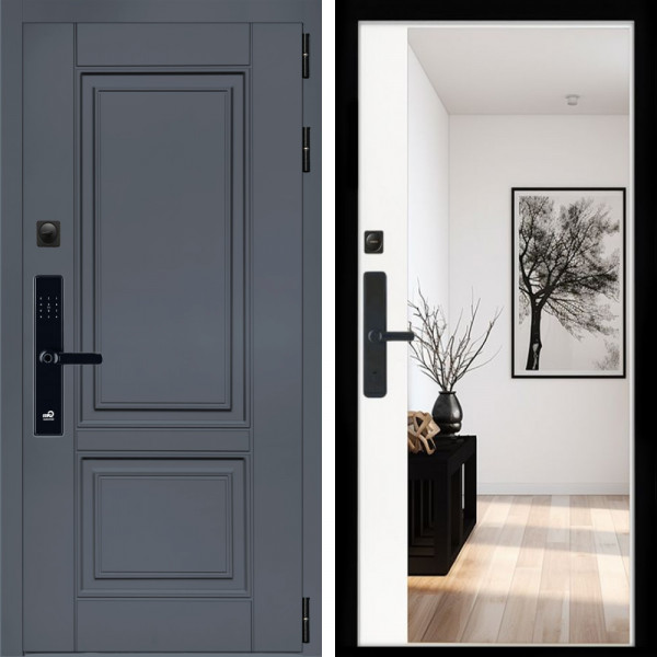 Входная дверь Афина Графит SMART + Зеркало панорама Белый софт