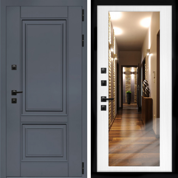 Входная дверь Афина Графит + Зеркало беленый дуб