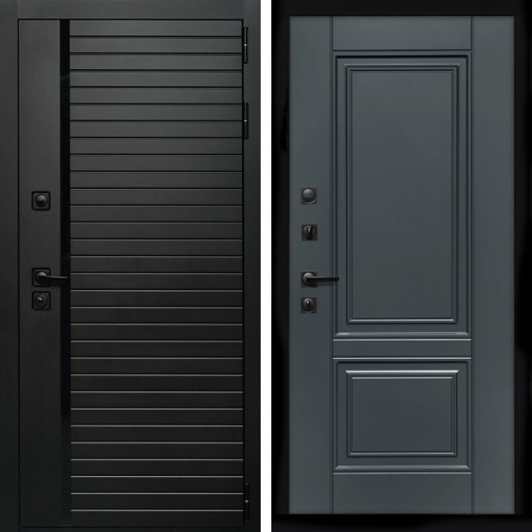 Входная дверь Агат (Черный кварц,черное стекло) + ФЛ-117 с полосками графит