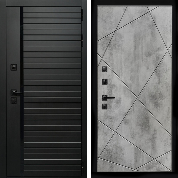Входная дверь Агат (Черный кварц,черное стекло) + Лучи бетон светлый