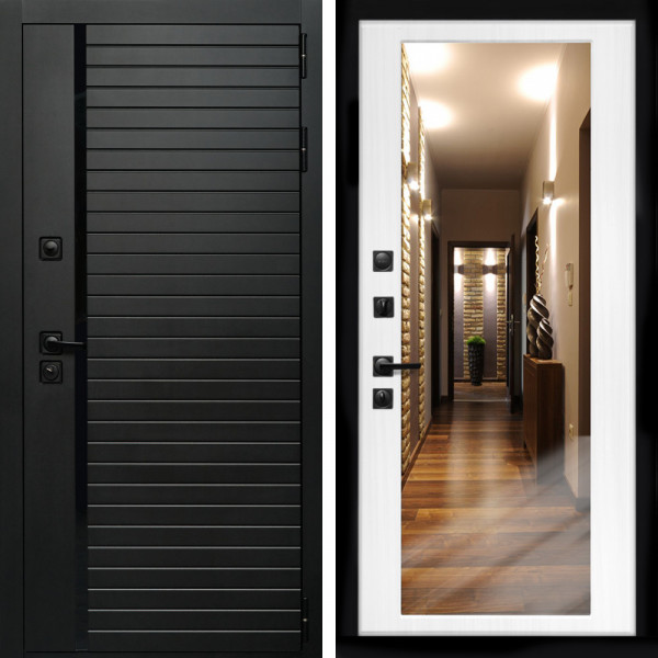 Входная дверь Агат (Черный кварц,черное стекло) + Зеркало беленый дуб