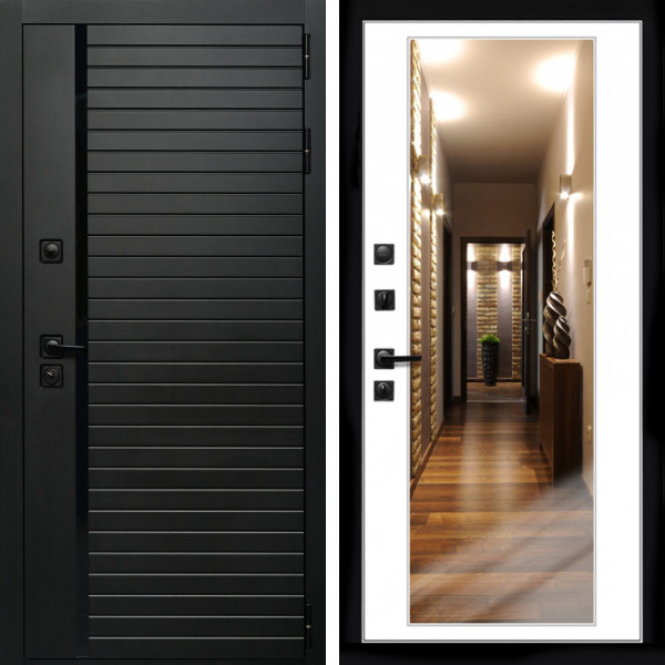 Входная дверь Агат (Черный кварц,черное стекло) + Зеркало белый софт