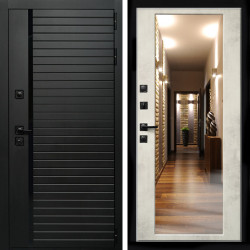 Входная дверь Агат (Черный кварц,черное стекло) + Зеркало бетон светлый