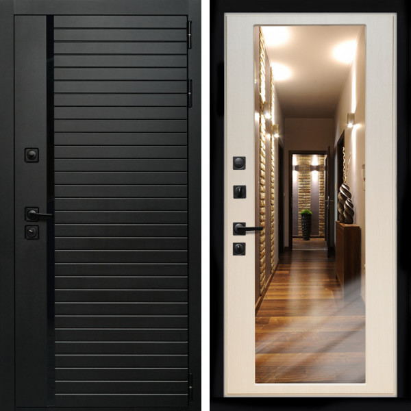 Входная дверь Агат (Черный кварц,черное стекло) + Зеркало эко дуб