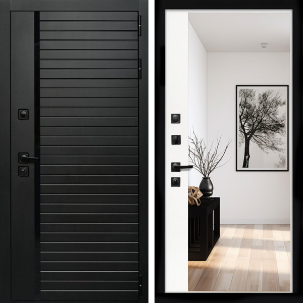 Входная дверь Агат (Черный кварц,черное стекло) + Зеркало панорама Белый софт