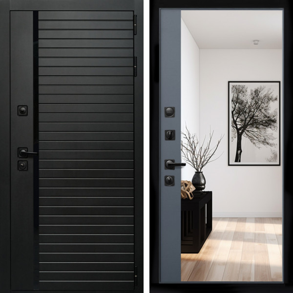 Входная дверь Агат (Черный кварц,черное стекло) + Зеркало панорама Графит