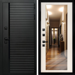 Входная дверь Агат (Черный кварц,черное стекло) + Зеркало сандал белый