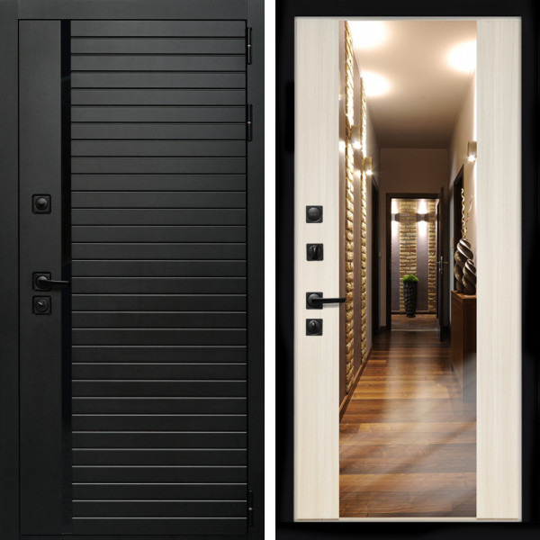 Входная дверь Агат (Черный кварц,черное стекло) + Зеркало СБ-16 сандал белый