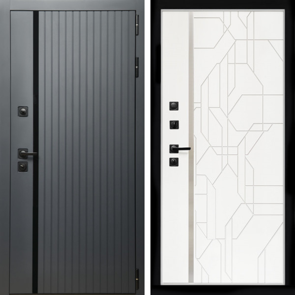 Входная дверь Агат Графит  (Графит, черное стекло) + Эверест нерж белый матовый