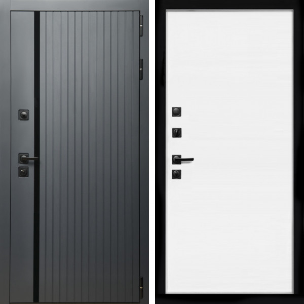 Входная дверь Агат Графит  (Графит, черное стекло) + Гладкая белый матовый