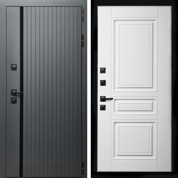 Входная дверь Агат Графит  (Графит, черное стекло) + Классика белый матовый