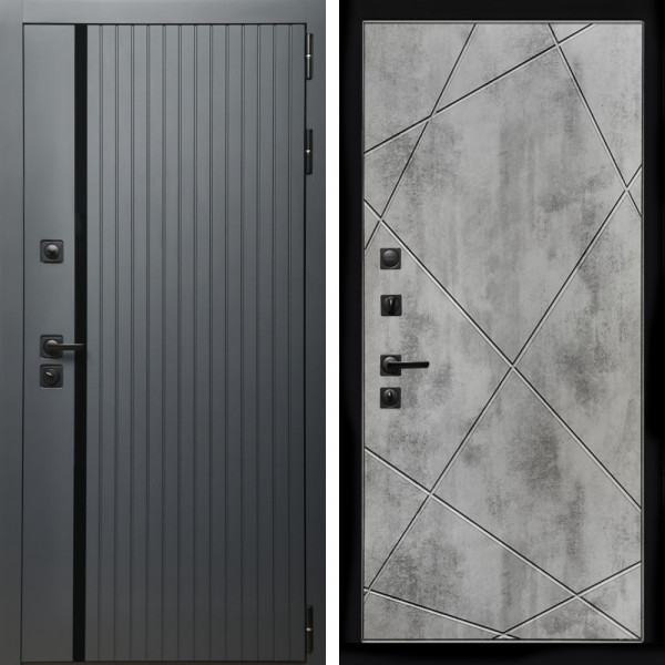 Входная дверь Агат Графит  (Графит, черное стекло) + Лучи бетон светлый
