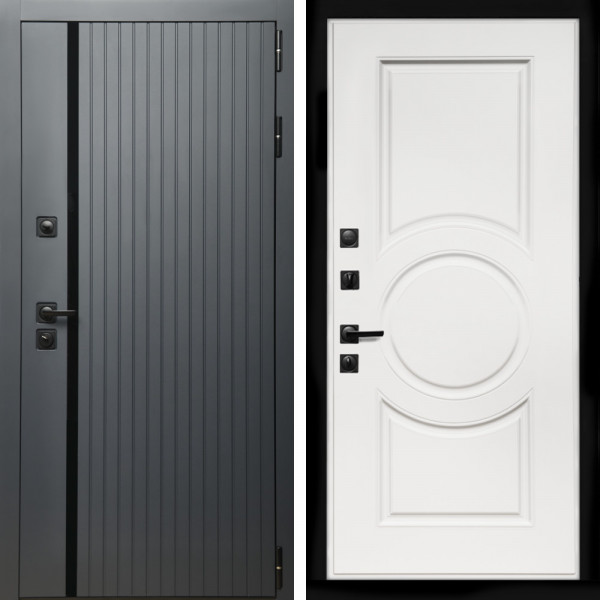 Входная дверь Агат Графит  (Графит, черное стекло) + МС-100 белый матовый