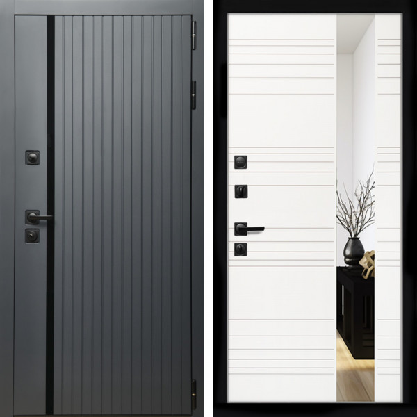 Входная дверь Агат Графит  (Графит, черное стекло) + Сити белый матовый