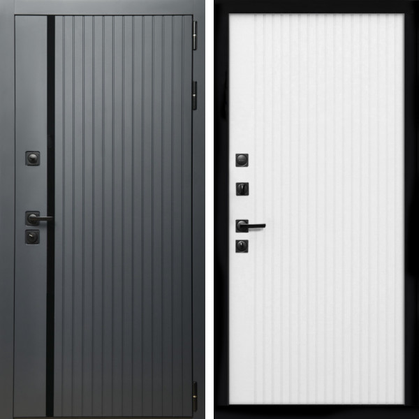 Входная дверь Агат Графит  (Графит, черное стекло) + Вертикаль белый матовый