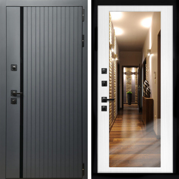 Входная дверь Агат Графит  (Графит, черное стекло) + Зеркало беленый дуб