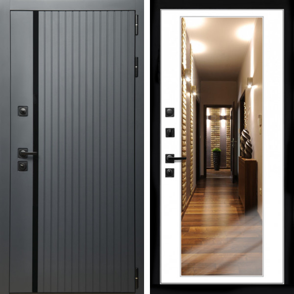 Входная дверь Агат Графит  (Графит, черное стекло) + Зеркало белый софт