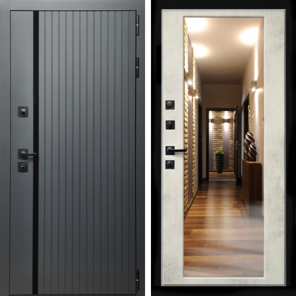 Входная дверь Агат Графит  (Графит, черное стекло) + Зеркало бетон светлый