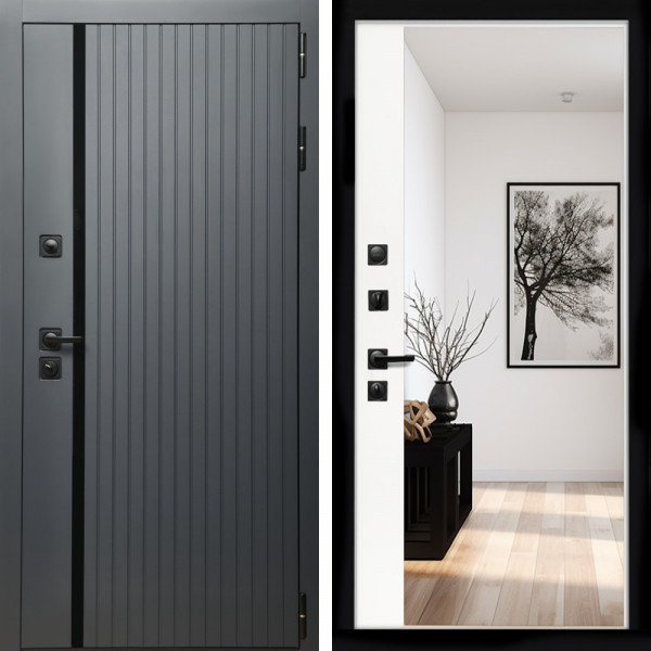 Входная дверь Агат Графит  (Графит, черное стекло) + Зеркало панорама Белый софт