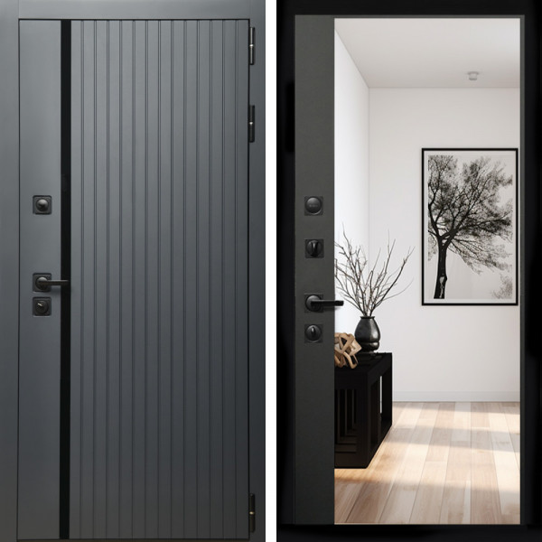 Входная дверь Агат Графит  (Графит, черное стекло) + Зеркало панорама Черный кварц