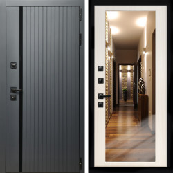 Входная дверь Агат Графит  (Графит, черное стекло) + Зеркало сандал белый