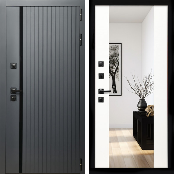 Входная дверь Агат Графит  (Графит, черное стекло) + Зеркало сб-16 белый матовый