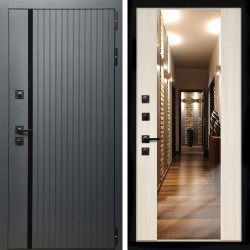 Входная дверь Агат Графит  (Графит, черное стекло) + Зеркало СБ-16 сандал белый